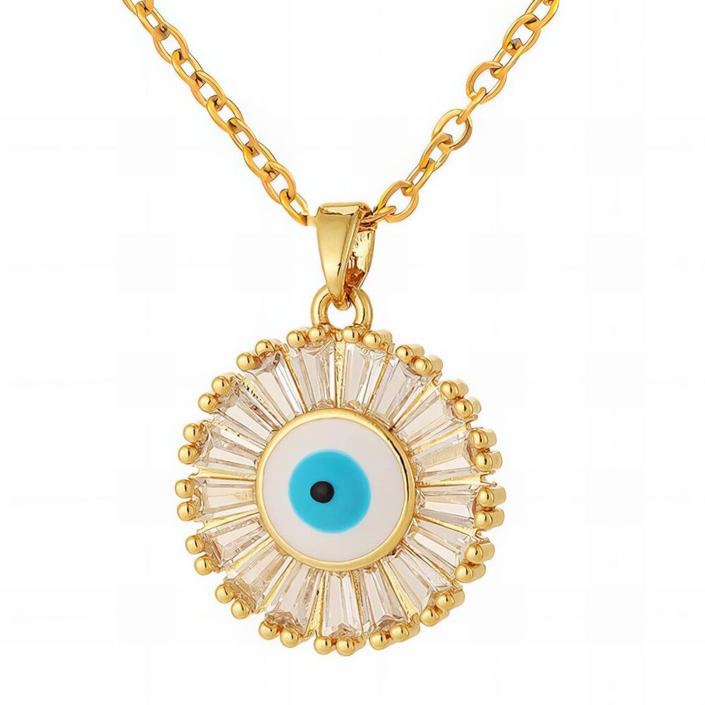 Radiant Sunburst Evil Eye Pendant Necklace | 18K Gold Plated | CZ Halo